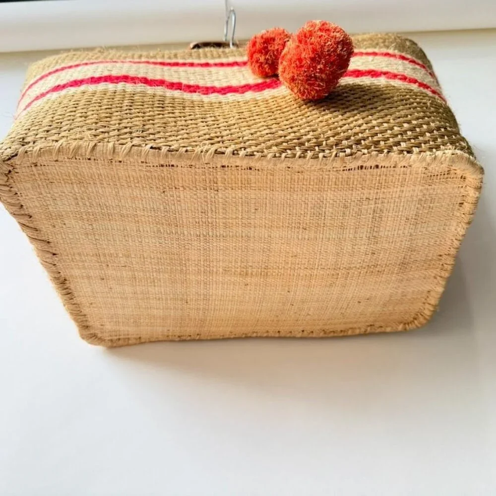 Mar Y Sol Caracas Tote Straw Raffia Pom Pom Beach Tote - Beige/Red